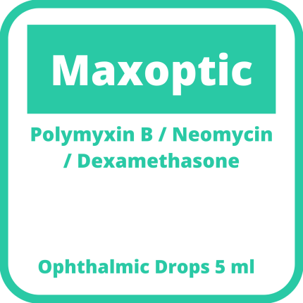 Image of MAXOPTIC POLYMYXIN B SULFATE / NEOMYCIN SULFATE / DEXAMETHASONE OPHTHALMIC 6,000U / 5MG / 1MG PER ML OPHTHALMIC SOLUTION 5ML