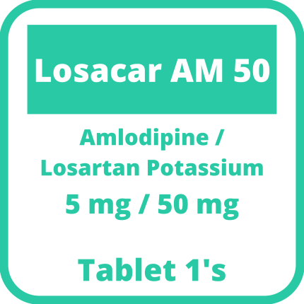 Image of LOSACAR AM 50 AMLODIPINE BESILATE / LOSARTAN POTASSIUM 5MG / 50MG FILM-COATED TABLET 1'S