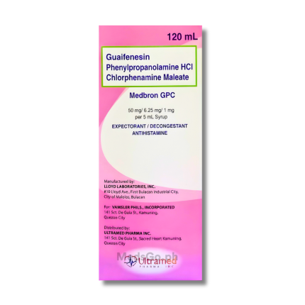 Image of MEDBRON GPC GUAIFENESIN / PHENYLPROPANOLAMINE / CHLORPHENAMINE 50MG / 6.25MG / 1MG - SYRUP 120ML