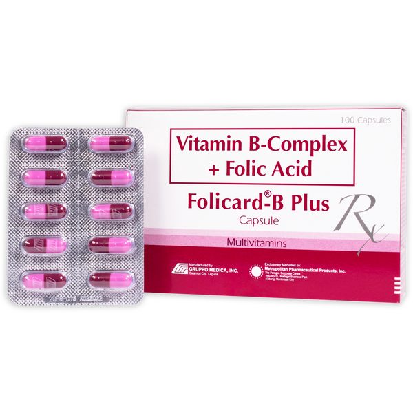 Image of FOLICARD B-PLUS VITAMIN B COMPLEX / FOLIC ACID 200MG / 50MG / 500MCG / 5MG CAPSULE 100'S