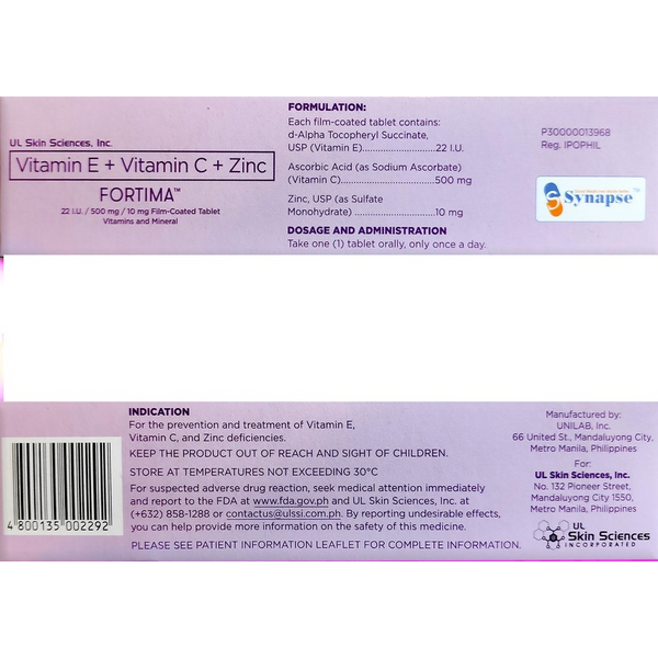 Image of FORTIMA D-ALPHA TOCOPHERYL SUCCINATE / ASCORBIC ACID / ZINC FILM-COATED TABLET 30'S